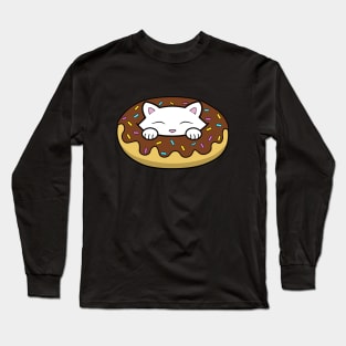 Cute white kitten eating a yummy looking chocolate doughnut with sprinkles on top of it Long Sleeve T-Shirt
